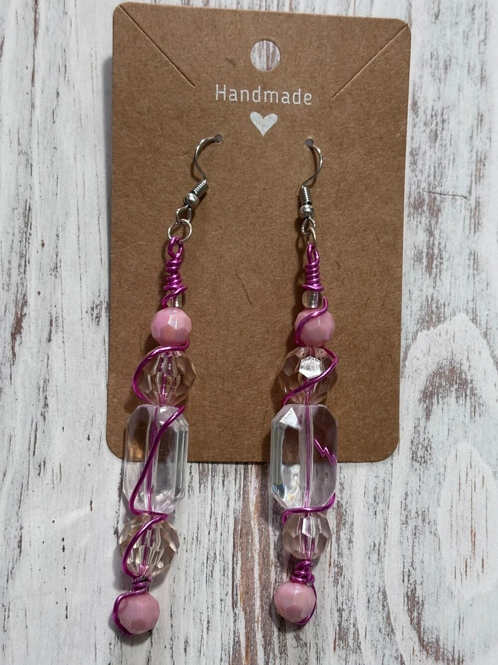Y2K Coquette Pink & Clear Geometric Beaded Wire-Wrapped Long Dangle Earrings